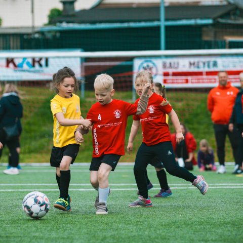 Drei kleine Kinder im gelben und roten Trikot kämpfen eifrig um den Fußball auf dem grünen Kunstrasenplatz während des Kita-Cups.