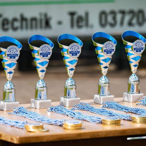 18. Nahaufnahme von fünf silber-blauen Pokalen und goldenen Medaillen mit blau-weißen Kordeln auf einem Holztisch für den Spandauer Velours Kindergarten Cup.