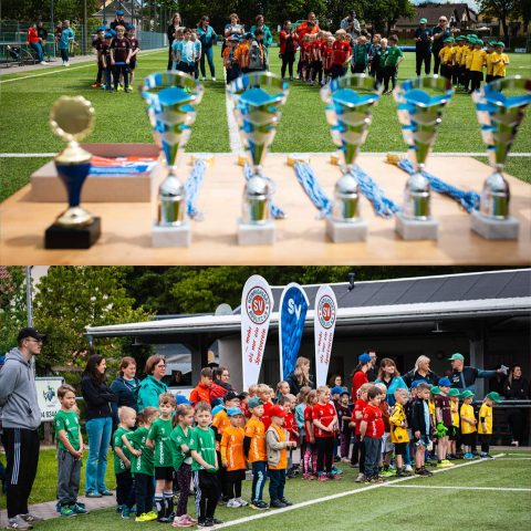 4. Collagen-Bild: Oben glänzende Pokale und Medaillen für die Siegerehrung auf einem Tisch; unten die aufgereihten Fußball-Teams der Kitas bei der Begrüßung.