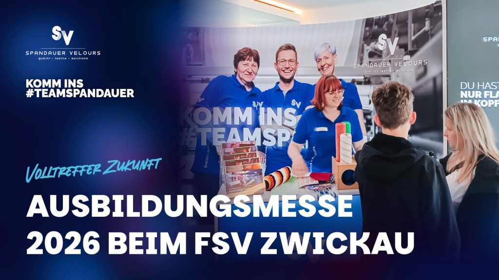 Infografik zur Ausbildungsmesse 2026 beim FSV Zwickau mit dem Team von Spandauer Velours und dem Slogan Volltreffer Zukunft.