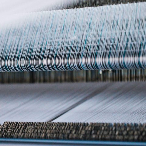 Industrielle Web-Technologie: Reihen von dicht gespannten Garnfäden auf einer modernen Webmaschine bei Spandauer Velours.