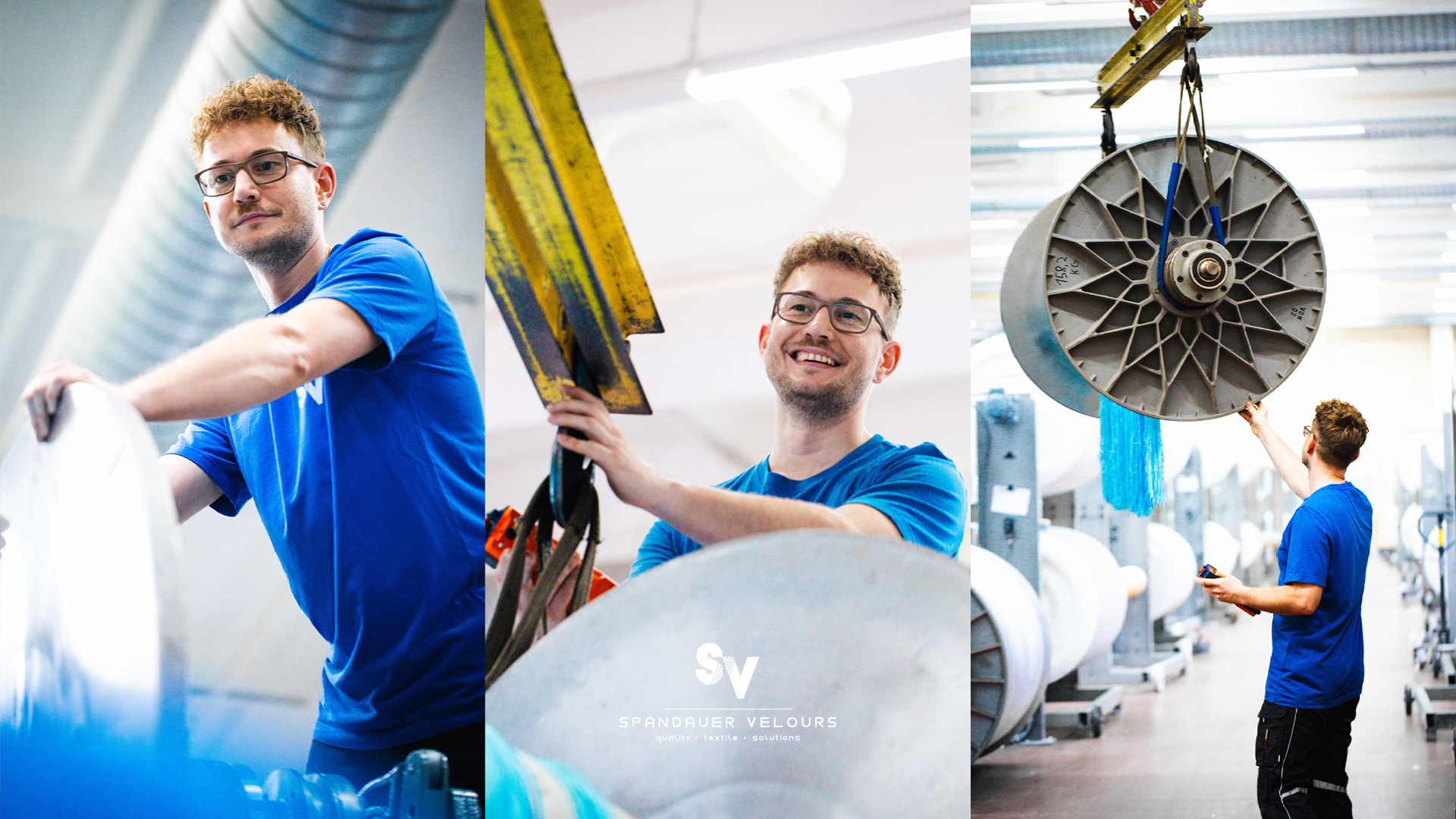 Dreiteilige Collage: Mitarbeiter von Spandauer Velours bei verschiedenen Arbeitsschritten an Kettbaumspulen in der Textilproduktion.