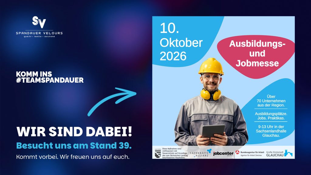 Ausbildungs- und Jobmesse Glauchau am 10.10.2026 – Spandauer Velours Stand 39.